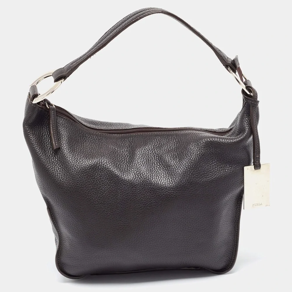 Furla Dark Brown Grained Leather Ring Handle Hobo